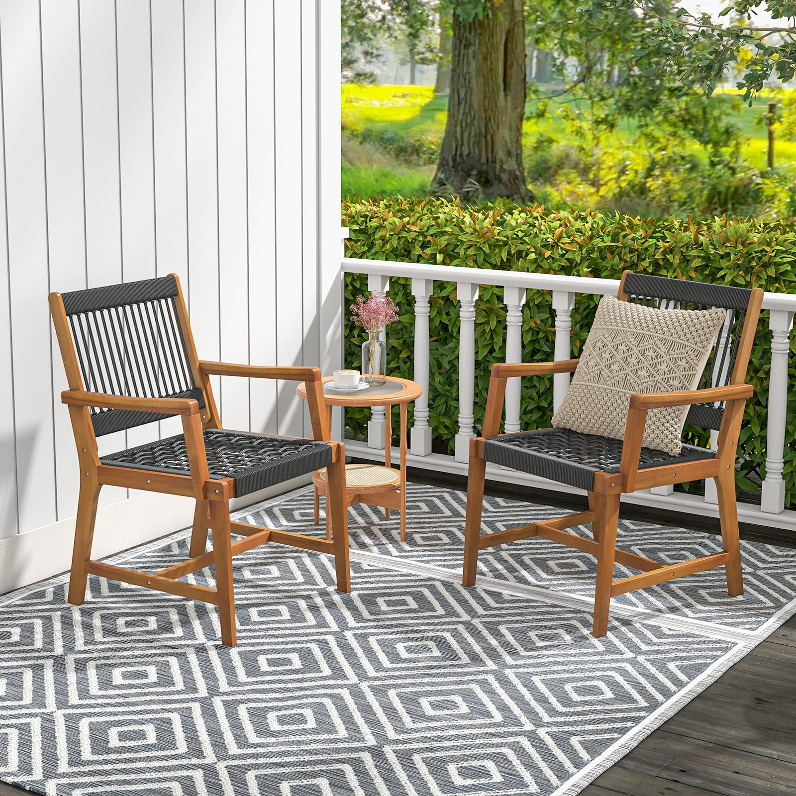 Tangkula Lot de 2 chaises de salle à manger d'extérieur en bois d'acacia, chaises de patio toutes saisons en corde tressée avec accoudoirs